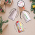Three drawstring pouches in light grey, white, and a colourful design, placed on a festive background with gifts and greenery.