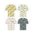 Four men's button-up shirts featuring various tropical patterns, including fruits and leaves, with different colours and a logo on one.