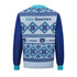 A unisex acrylic cotton jacquard sweater with a blue and light blue pattern, featuring logos and festive designs.