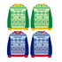 A collection of four unisex acrylic cotton jacquard sweaters in green, yellow, blue, and red with a patterned design.
