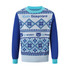 A unisex acrylic cotton jacquard sweater featuring blue tones with a snowflake pattern and a logo.