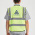 A hi-vis vest in bright yellow with reflective tapes and functional pockets. Features a logo on the back.
