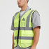 A bright yellow hi-vis vest featuring reflective tape and multiple functional pockets, with a logo on the front.