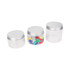 Three clear round containers with aluminium lids, varying in size, holding colourful push pins in one.