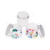 Three clear round containers with aluminium lids, one empty and two filled with colourful push pins.