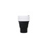 A reusable coffee cup in black and white, featuring a collapsible design and a logo.
