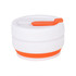 A drink bottle featuring a collapsible design in white with an orange band and lid. Includes a logo.