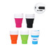 A set of five collapsible silicone coffee cups in pink, black, green, and blue, featuring a white lid and logo.
