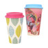 A bamboo coffee cup set featuring a pink and blue lid, decorated with floral and abstract patterns.