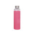 A pink 550ml glass drink bottle with a stainless steel lid, featuring a logo. A pink 550ml glass drink bottle with a stainless steel lid, featuring a logo.