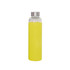 A drink bottle featuring a clear glass body with a bright yellow silicone sleeve and a stainless steel lid. A drink bottle featuring a clear glass body with a bright yellow silicone sleeve and a stainless steel lid.