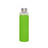 A drink bottle made of glass with a bright green silicone sleeve and a stainless steel lid. A drink bottle made of glass with a bright green silicone sleeve and a stainless steel lid.