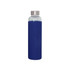 A drink bottle featuring a blue silicone sleeve and a stainless steel lid, with a clear glass body. A drink bottle featuring a blue silicone sleeve and a stainless steel lid, with a clear glass body.
