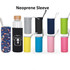 A drink bottle with a bamboo lid next to various neoprene sleeves in vibrant colours. The bottle has a logo.