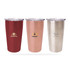 A drink bottle set featuring three 12oz stainless steel tumblers in red, rose gold, and silver, each with a logo.