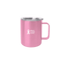 A drink mug in pink stainless steel with a clear lid, featuring a logo. Suitable for coffee or hot beverages. A drink mug in pink stainless steel with a clear lid, featuring a logo. Suitable for coffee or hot beverages.