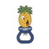 A drink bottle opener shaped like a smiling pineapple, featuring green leaves and a blue base. It has a logo on it.