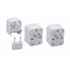 A universal plug travel adapter set featuring four white adapters for different plug types, including a dual pin adapter.