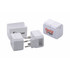 A white universal plug travel adapter set with multiple attachments and a branded case.