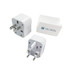 A travel adapter set in white, featuring two types of plugs and a storage case with a logo.