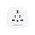 A white travel adapter featuring multiple socket options and a small logo at the bottom.