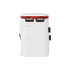 A white travel adapter with two USB ports and a red accent. It features a compact design with a built-in plug.