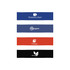 A set of four latex fitness resistance bands in blue, red, and black, featuring various logos and branding.