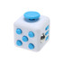 A white fidget cube with blue buttons, a silver ball, and a blue push button on top, featuring a logo.