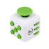 A white fidget cube with green buttons and a joystick, featuring various tactile surfaces and a logo.