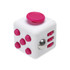 A white fidget cube featuring pink buttons and a switch, designed for tactile engagement. It has a logo on one side.