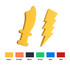 A yellow foam sword and lightning bolt are featured, alongside swatches of yellow, orange, black, green, blue, and red.