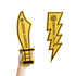Two yellow promotional cheer sticks shaped like a sword and a lightning bolt, featuring a logo and text.