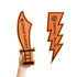 Two orange foam props are held in a hand: a sword shape labelled "GREEN GARDEN" and a lightning bolt labelled "DENTAL PLUS."
