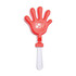 A red hand-shaped clapper with a transparent handle; features a logo on the front. A red hand-shaped clapper with a transparent handle; features a logo on the front.