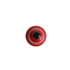 A 75mm hand bell in vibrant red with a black handle, featuring a logo on its side.