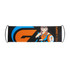 A hand-held roll out fan flag featuring vibrant orange, black, and white colours with a logo and character illustration.