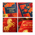 Four decorative Chinese New Year envelopes in vibrant red and gold featuring lanterns, flowers, and a horse design.