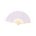 A foldable fan with a pattern of red and blue stars on a white background, featuring a natural wooden handle. A foldable fan with a pattern of red and blue stars on a white background, featuring a natural wooden handle.