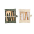 A bamboo cutlery set featuring six pieces in a green and cream carrying pouch, with a utensil brush included.