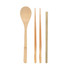 A bamboo cutlery set featuring a spoon, two chopsticks, and a straw, all in natural tones. Includes branding.