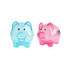 A blue and a pink piggy coin bank, both with cheerful expressions, featuring a logo on one.