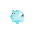A blue transparent piggy bank with a smiley face and a branding logo on the side.