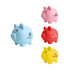 A collection of four piggy coin banks in pink, red, yellow, and blue, each with a logo displayed on them.
