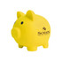A yellow PVC piggy coin bank with a rounded body and two ears, featuring a logo.
