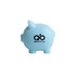 A blue PVC piggy coin bank with a simple design and a branding logo on the side.