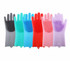 Silicone cleaning gloves in various colours: grey, teal, blue, red, pink, and purple, featuring textured surfaces.