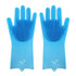 A pair of blue silicone cleaning gloves with textured surfaces for scrubbing, featuring a logo on the wrist area.