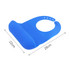 A blue silicone bib with snap closure, featuring a pocket and measuring 28cm by 22cm. It has a branding logo.