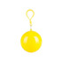 A yellow ball with a clip, featuring a smooth, glossy surface. It contains a compact rain poncho. A yellow ball with a clip, featuring a smooth, glossy surface. It contains a compact rain poncho.