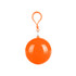 An orange ball with a clip attachment, designed for a novelty rain poncho.